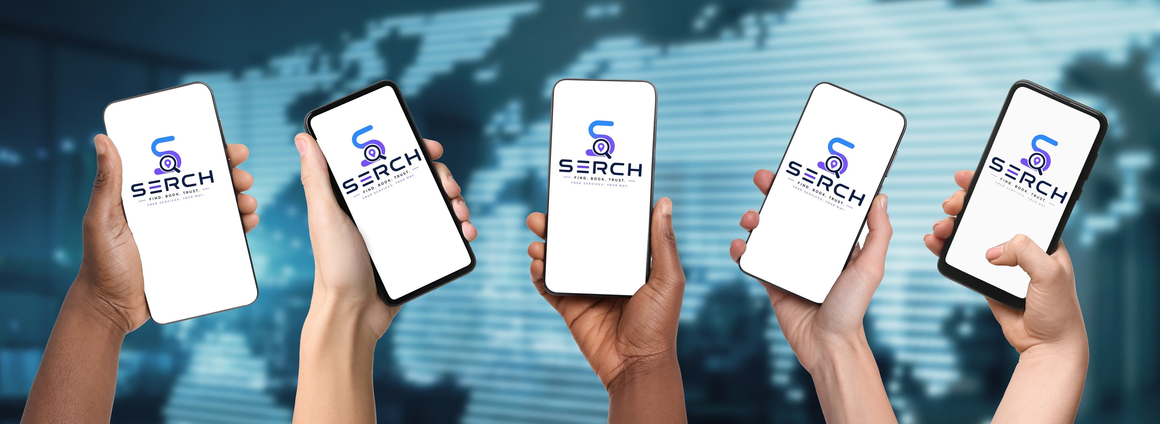Multiple hands holding smartphones showing the SERCH app